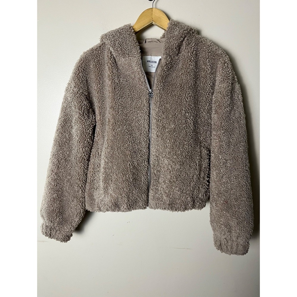 Hollister Sherpa Hoodie Jacket Womens XS Beige Zip Up Teddy